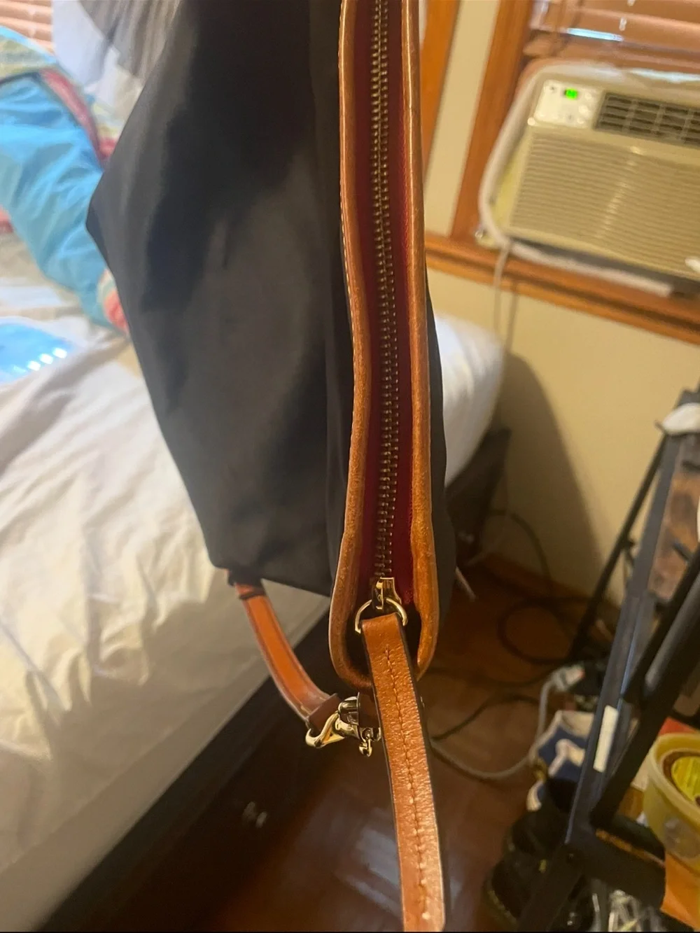 Dooney & Bourke Black Nylon Hobo with Tan Leather Trim and Red Zip